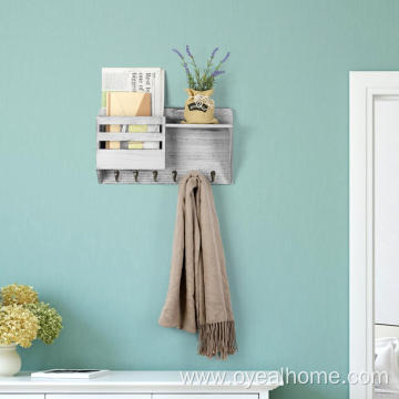 Wall Mounted Wooden Mail Organizer and Metal Hooks